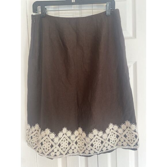 Linen Blend Skirt Brown White Lace A-Line 8 Clean Girl Ann Taylor LOFT - Picture 4 of 7